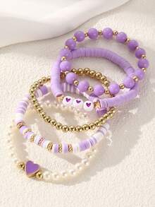 NAIZHU 5pcs/Set Gelang Manik-Manik Manis Warna Pink, Terbuat dari Tanah Liat Lembut, Liontin Hati, Ceri, dan Bintang, serta Mutiara Imitasi dan Karet Gelang. - MultiWarna - View 6