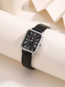 GoGoEy 1pc/Set Vintage Rectangular Roman Numeral Women's Quartz Watch, Black Bamboo Texture Leather Strap Wristwatch, Fashion Minimalist Commuter Niche Style Women's Watch For Daily Wear, Dating, Party, Birthday, Holiday Gift - Black - View 4