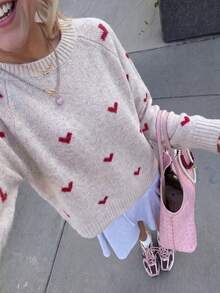 Sweater Rajut Longgar Leher Bulat Raglan Motif Hati Merah Warna Oatmeal untuk Wanita, Atasan Rajut Gaya Seksi untuk Musim Gugur - Sampanye - View 5