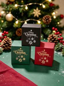 10pcs Luxury Christmas Favor Boxes, Festive Mini Paper Packaging With Metallic Foil Lettering And Hanging Snowflake Design, Easy Assembly Gift Boxes For Stocking Fillers, Winter Parties, Seasonal Giveaways And Holiday Displays - 8x8x8cm - View 3