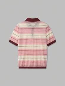 YROOE Women's Pink White Brown Color Block Striped Collared Half-Button Short Sleeve Knit Top, Autumn/Winter - Multicolor - View 3