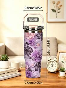 1pc/5pcs 30oz Purple Halloween Floral Insulated Tumbler, Stainless Steel With Handle, Straw And Leak-Proof Flip Lid, Romantic Purple Flower, Spider Web And Pumpkin Print, Suitable For Birthday And Holiday Gifts, Ideal For Travel, Work, Fitness And Daily Outdoor Use - Purple - Floral Spider Web - View 3