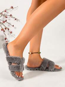 Ximi Ruo Women's Solid Color Flat Fuzzy Slippers Casual Vacation Beach Home Indoor Outdoor Wear Autumn Winter Warm Simple Fashion Fuzzy Slippers Slouchy Slip-On Women's Shoes Soft Fuzzy Lining Daily Commute Outfit Indoor Home Outdoor Street Wear Versatile Soft Lightweight Women's Slippers Autumn Winter Warm Gentle Style Women's Slippers Comfortable Flat Casual Travel Outfit Shoes Slouchy Home Outdoor Wear Dual-Use Fleece Slippers - Grey - View 6