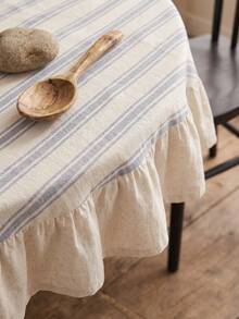 1pc Beige Base Blue Fine Striped Round Tablecloth, Natural Rustic Style Fabric, Round Beige With Scalloped Edge And Patchwork Detail, Decorative And Functional, Suitable For Daily Home And Rustic Dining Table Decor - Blue - View 9