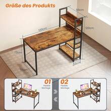 Schreibtisch mit 4-Tier Seitlichem Regal, 120 cm Breiter Computertisch mit Ablage, Stabil Bürotisch mit Metallgestell, Einfache Montage für Home Office - Rostbraun/120 x 56 x 120 cm - Übersicht 3