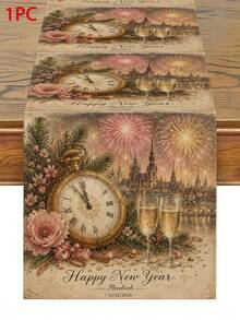New Year Table Runner, Vintage Pocket Watch Fireworks Castle Champagne Glass Floral Print, Kitchen Dining Room New Year Holiday Tabletop Decoration Table Runner - Multicolor - View 16