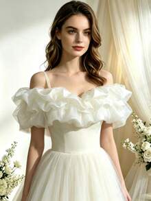 1pc Women's White Sheer Cold Shoulder Ruffle Shoulder Wrap, Detachable Transparent Mesh Ruffle Short Cape With Back Tie, Elegant Detachable Small Cape For Wedding Dress, Evening Party, Bridesmaid, Formal Ball Accessory - Multicolor - View 2