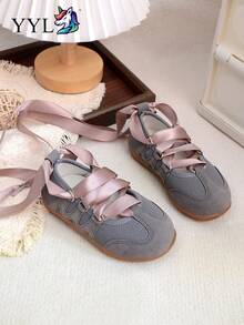 1 Pair Fashionable Versatile Ballet Style Lace-Up Flat Shoes, Suitable For Spring, Summer, Autumn, 2026 New Arrival - Grey - View 1