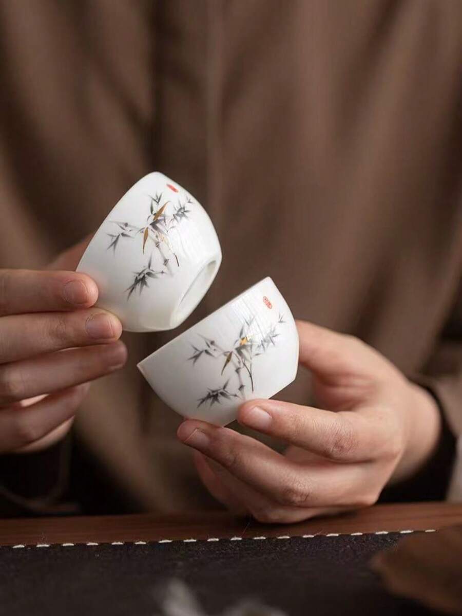 6 piezas/4 piezas/2 piezas/1 pieza Tazas de té de cerámica blanca, tazas de té vintage para el hogar y los invitados, tazas de té Kung Fu, tazas de té negro, tazas de agua, tazas de espresso, tazas de regalo, adecuadas para uso diario, reuniones, fiestas - Bambú blanco - Ver 1