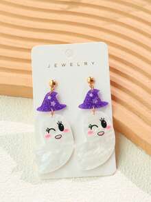 1 Pair Cute Halloween Ghost Acrylic Earrings, Sweet Sequin Floral White Water Ripple Shy Ghost Fun Earrings, Suitable For Women, Holiday Gift Dangle Earrings - Multicolor - View 4