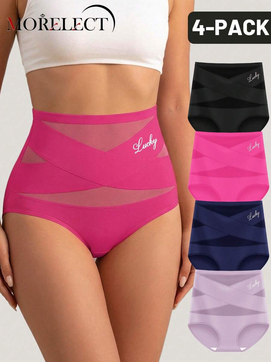 Morelect 4pcs/Pack Women's High Waist Panties, Triangle Shape, Shaping, Tummy Control, Cross Strap Design