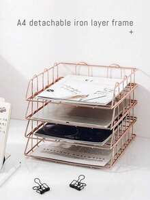 Metal A4 Paper Tray Organizer, 1/2/4pcs Stackable Rose Gold File Holder, Suitable For Desktop - Horizontal File Organizer, Mail Sorter, Letter Tray, Suitable For Office, School And Home Use - Multicolor - View 2