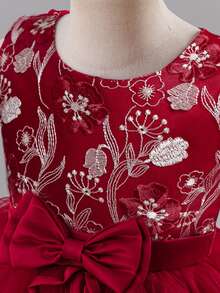 Girls' Embroidered Long Puff Princess Dress, Girls' Dress For Wedding, Birthday, Evening Party, Holiday Gathering, Piano Performance, Formal Occasion - Red - View 6