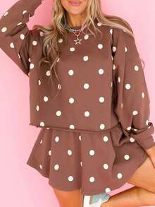 Acelitt Spring/Autumn Casual Polka Dot Print Crew Neck Loose Oversized Sweatshirt & Pants Set, Suitable For Daily Shopping, Outings And Vacations - Brown - View 1
