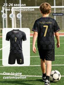 2pcs/Set Personalized Full Print Football Team Uniform, Customized Name And #7 Sports Player Set, Short Sleeve Top And Shorts, Suitable For Children Training - Black - View 6