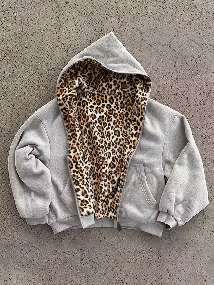 Plus Size Women's Grey Long Sleeve Hooded Zip-Up Jacket, Leopard Print Lining With Pockets, Dropped Shoulder Regular Length Winter Coat - Brown - View 1