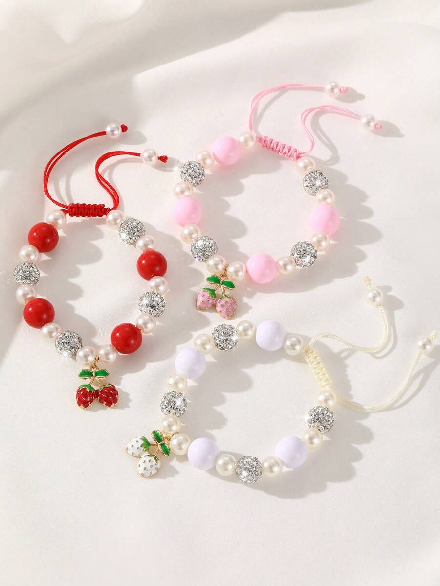 NAIZHU 3pcs/Set Girls Adjustable Woven Beaded Bracelets With Cherry Pendant, Rhinestone And Faux Pearl Sweet Jewelry For Daily Decoration - Multicolor - View 1