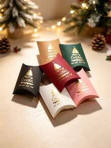 5pcs Festive Christmas And New Year Favor Boxes, Elegant Curved Pillow Packaging With Metallic Gold Lettering, Easy Assembly Small Gift Boxes For Winter Parties, Family Celebrations, Table Decorations And Seasonal Surprise Gifts - 9.2 X 6 X 2.5 cm - View 7