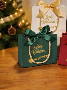 5pcs Luxury Christmas Favor Bags, Festive Mini Paper Gift Packaging With Gold Foil Lettering, Santa Sleigh Design And Matching Bow, Reusable Holiday Bags For Jewelry, Stocking Fillers, Winter Parties And Table Decorations - 14X6X12cm - View 4