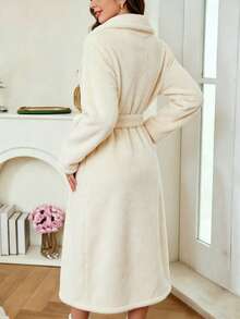 Women's Autumn/Winter Flannel Embroidered Heart Print Long Robe, Sweet Romantic Tie-Waist Bathrobe Loungewear - Beige - View 3