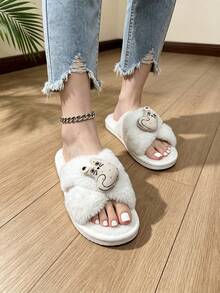 Women's Fleece Slippers - Cute Cartoon Cat Cross-Band Open-Toe Style, Plush Soft And Comfortable For All Seasons Indoor Home Slippers - Style B-white - View 2