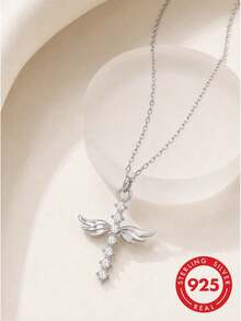 lunastudio 1pc 925 Sterling Silver Angel Wings Sparkling Necklace For Women Daily Wear - Silver - View 4