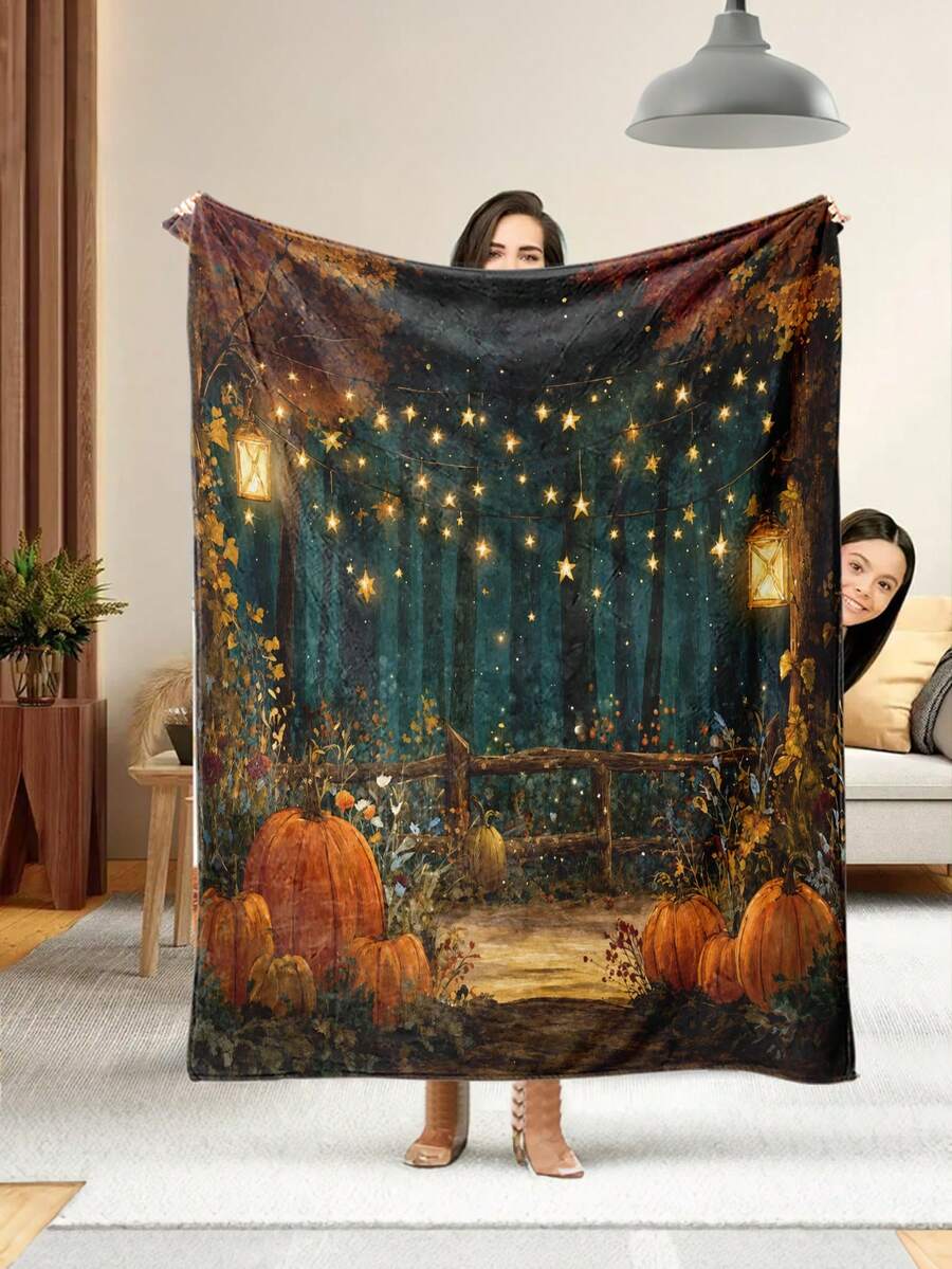 1pc Soft And Comfortable Halloween Flannel Blanket, 2D Printed Blanket For Office Nap, Sofa And Bed Decor, Outdoor Camping Leisure Blanket, Suitable As Gift For Family And Friends - Multicolor - View 1