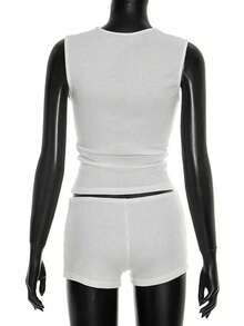 Fashion Summer Women's White Sleeveless Hollow Out Tank Top & Shorts Set For Beach Party Elegant - White - View 11