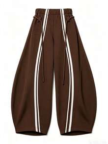 Women's Vintage Side Stripe Curved Leg Sweatpants, High Waist Drawstring Loose Banana Wide Leg Pants, Casual Sports Long Pants, Women's Long Pants, Side Silver Stripe Wide Leg Flattering Slimming Casual Sports Long Pants, Vintage Casual Loose Sports Long Pants, Perfect For Daily Shopping, Short Trips, Campus Commuting - Coffee Brown - View 6