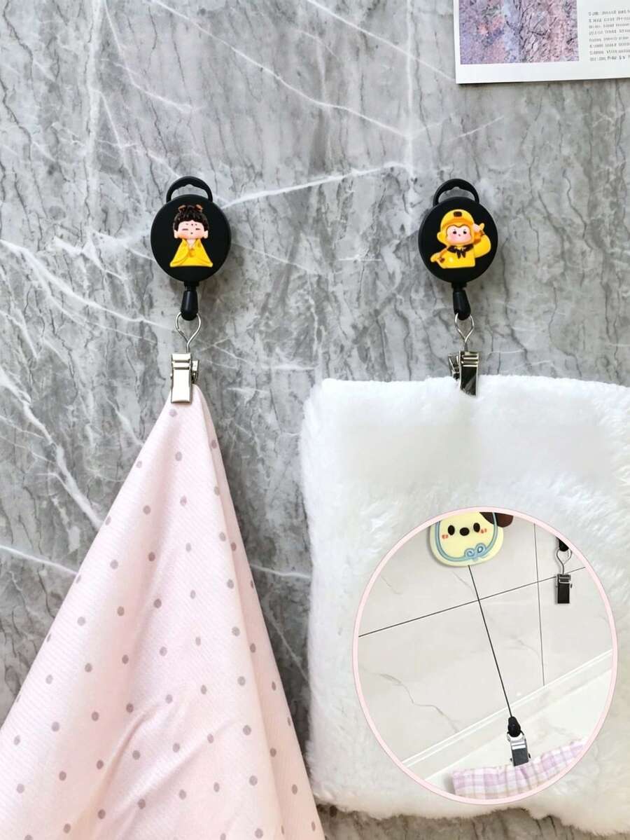 1pc Multi-Function Retractable Towel Clip, Automatic Rebound Retractable Hook Clip, Rag Hook, Bathroom No-Drill, Easy-Pull Rope Hand Towel Rack, Chinese Classic Novel Journey To The West Character Theme, Creative Pattern, Home Essential