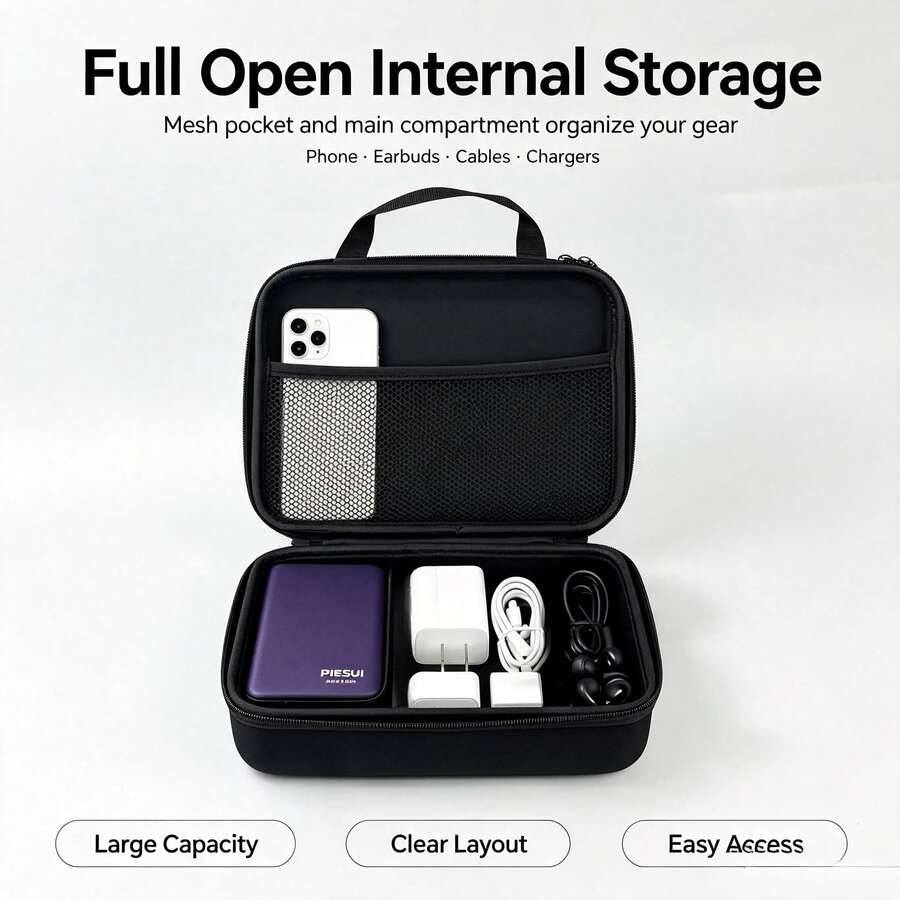 Tas Pelindung Power Bank EVA Keras dengan Tali Tangan, Tas Penyimpanan Aksesori Digital Tahan Guncangan dengan Resleting Ganda untuk Kabel Pengisi Daya, Charger, Headphone, - Hitam - View 1