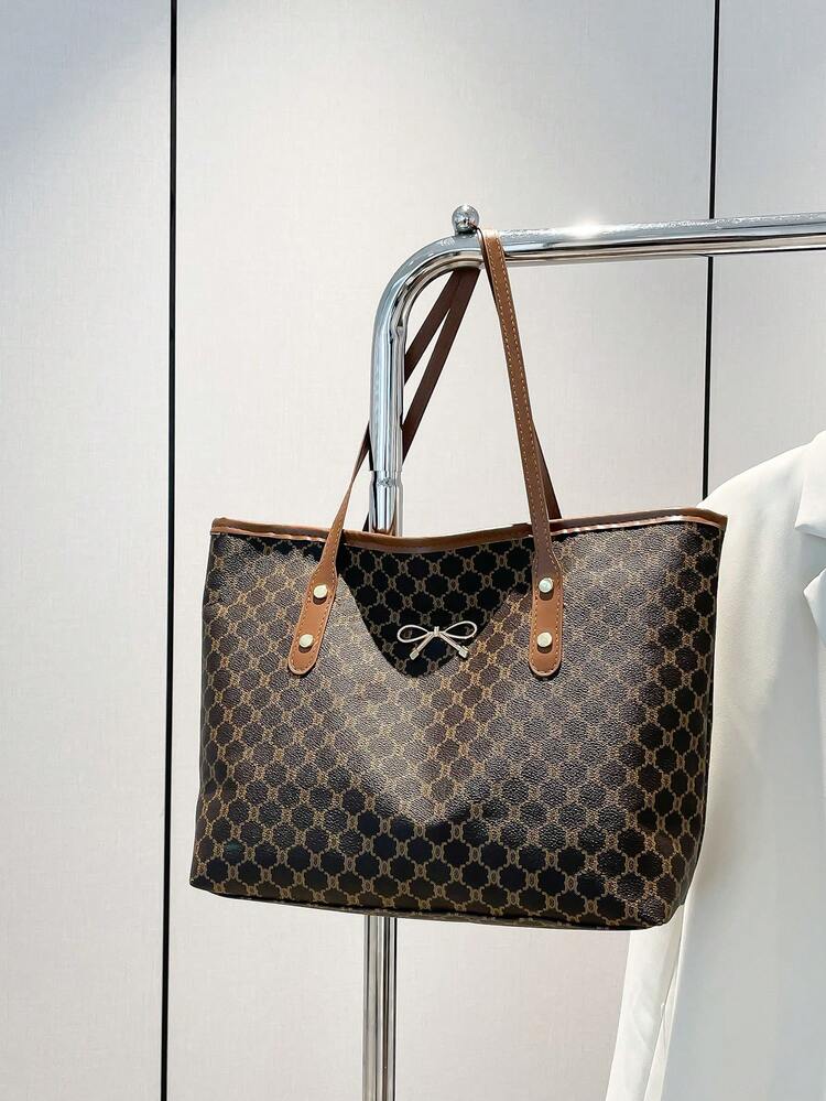 Minimalist Fashion Large Capacity Bowknot New Commute Handheld Shoulder Tote Bag - Coffee - View 7