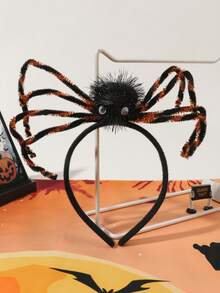 1pc Dark Gothic Halloween Horror Spider Headband, Black Plush With Orange & Black Glitter Spider Legs, Party Costume Cosplay Photo Prop - Orange Spider - View 2