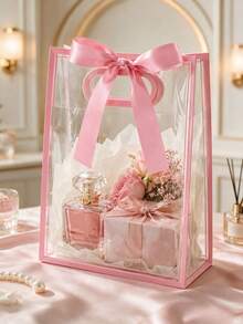 2/12/24pcs Transparent Gift Bags With Pink Trim, Handles And Ribbon Bows, Reusable PP Gift Bags Suitable For Cosmetics And Gifts, Perfect For Graduation, Wedding, Bridal Shower, Birthday, Party - Multiple Styles - View 8