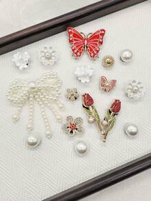 16PCS Bling Rhinestone Red Butterfly Rose Clog Shoe Charms Accessories Faux Pearl Bow Flower Shoe Buckles DIY Decorations Retro Beads Shoe Clips Decor - Multicolor - View 6