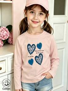 Girls' Cotton Raglan Long-Sleeve T-Shirt, Long Sleeves For Autumn & Winter, Leopard Heart Print With Lettering, Cute Sweet Girly Preppy Style - Pink - View 4