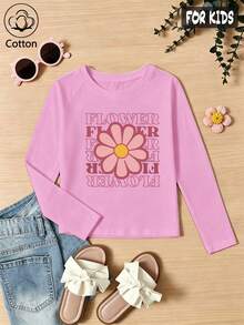 Girls' Cotton Raglan Long-Sleeve T-Shirt, Long Sleeves For Autumn & Winter, Pink Flower Print With Repeat 'FLOWER' Text, Cute Sweet Girly Preppy Style - Light Wine Red - View 2