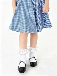 6/1 Pair Girls Ribbon Lace Ruffle Mid-Calf Socks, Soft Comfortable Princess Style, Suitable For School Uniform Daily Wear, Navy Blue White Black, Autumn/Winter - Multicolor - View 4