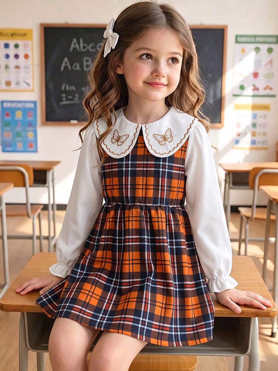Girls' Spring/Autumn College Style Patterned Dress, Butterfly Embroidered Peter Pan Collar Long Sleeve A-Line Cute Puff Skirt, Casual Daily Back To School Outfit