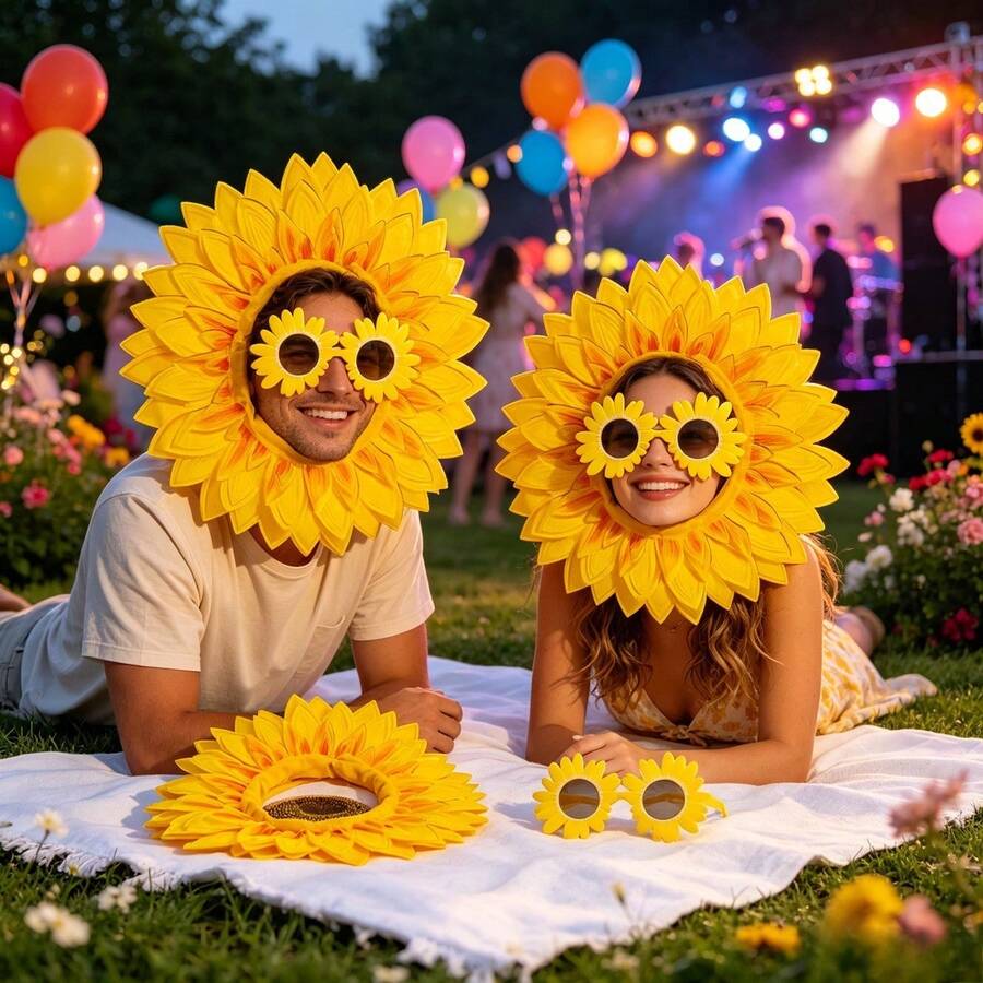 2pcs Creative Sunflower Party Accessory Set, Plush Sunflower Headpiece And Flower Design, Suitable For Halloween, Carnival, Music Festival Party Cosplay Costume Photo Props - Multicolor - View 1