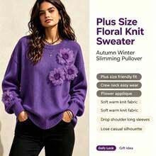 Plus Size Women's Autumn/Winter Round Neck Knitted Sweater, Floral Decor Drop Shoulder Long Sleeve Loose Casual Pullover, Suitable For Daily Autumn Wear - Purple - View 2