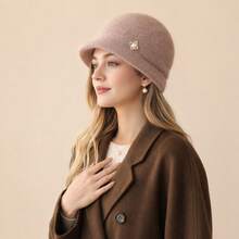 Women's Solid Color Short Brim Wool Felt Windproof Versatile Bucket Hat, Autumn/Winter Bucket Hat For Travel And Shopping - Pearl - View 9