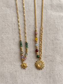 Juego de 2 collares de acero inoxidable con colgante de sol a prueba de decoloración, collares de doble cadena apilables con cuentas de colores, joyería de moda para mujer, regalo - Multicolor - Ver 6