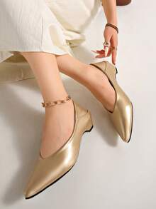 Vintage Brown Pointed Toe Flat Shoes Women New French Style Colorblock Low Vamp Hidden Heel Flat Shoes All Season - Gold - View 5