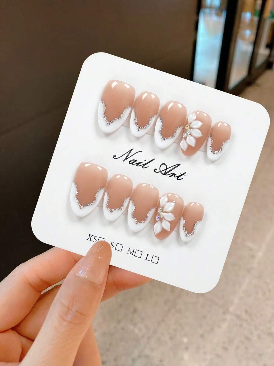 YINZIJIA 10 Pieces, Handmade, French Floral Gradient, Subtle Differences=Unique Handmade Short Almond Shaped Pure Handmade Nail Board Set, Suitable For Girls And Women To Wear On Daily Holidays, Including 1 Nail File And 1 Piece Of Jelly Glue - Multicolor - View 1