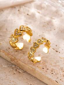 2pcs Sweet & Cool Y2K Fashion Stainless Steel Gold Ring Set, Full Rhinestone Heart Chain Design, Suitable For Women's Daily Wear, Dating, Engagement, Wedding, Holiday, Saudi National Day - Gold - View 2