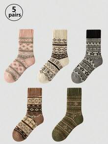 1/3/5 Pairs Vintage Thickened Wool Blend Warm Mid-Calf Socks, Suitable For Daily Wear Or Gifting, Autumn/Winter Style - Multicolor - View 15