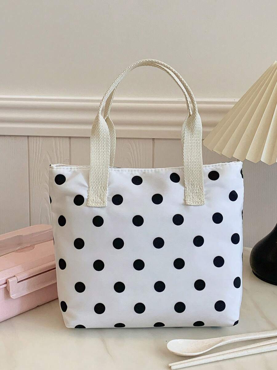 Student Portable Insulated Lunch Bag, Thickened Cute Fruit Lunch Bag With Polka Dot Print Pattern - White - View 1
