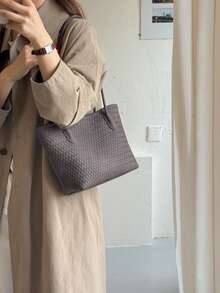 1pc Brown PU Vintage Woven Texture Shoulder Bag, Large Capacity Lightweight Women's Commuter Tote Bag, Suitable For Commuting And Travel - Coffee Brown - View 6