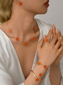6pcs Fashion Elegant Lucky Five-Leaf Clover Earrings Necklace Bracelet Bangle Ring Women Jewelry Set Holiday Gift (Zinc Alloy Material Inlaid With ABS Material Five-Petal Flower) - Orange - View 6